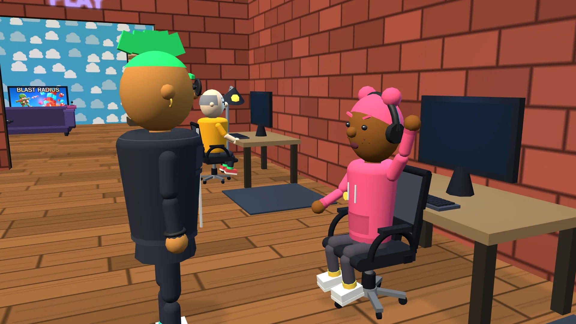 The player's avatar chatting with an AI dev, who waves back from her desk chair in the workshop