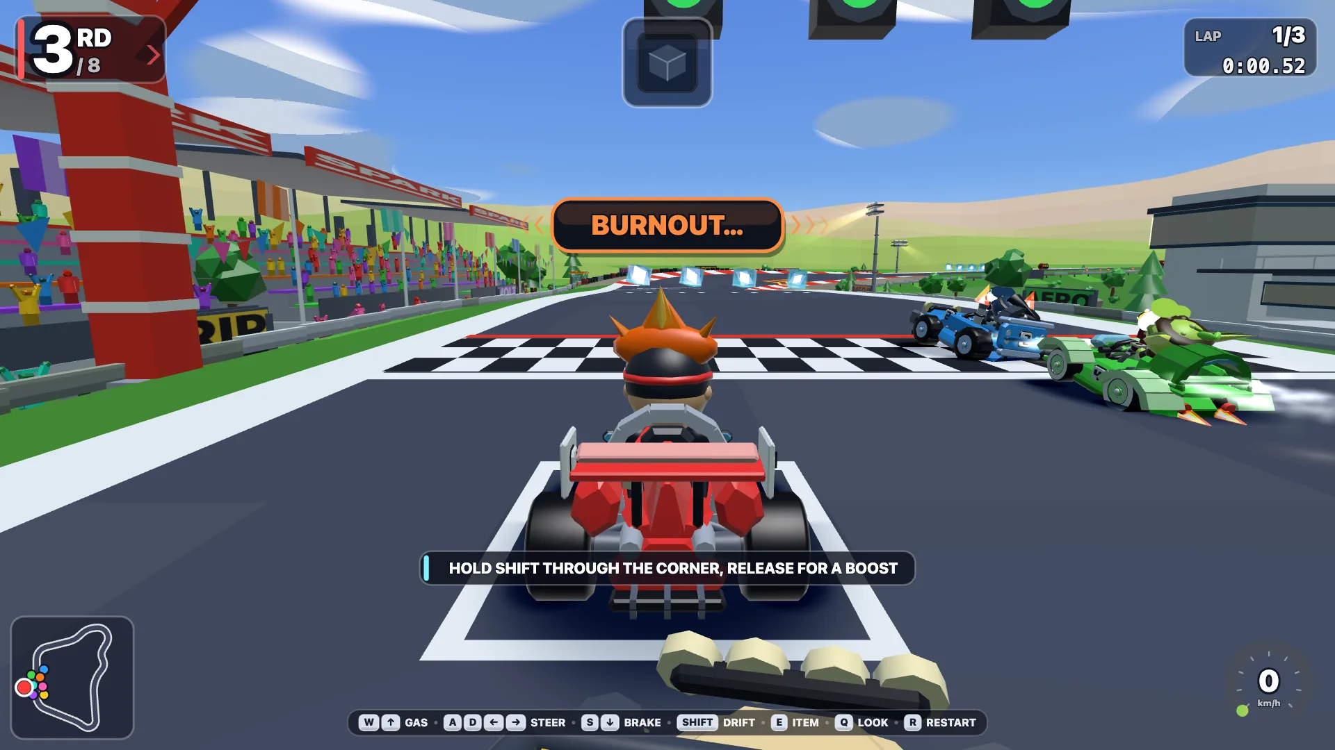 DRIFTBOUND, a kart racing game built by an AI dev — the starting grid at lights-out, rivals boosting away