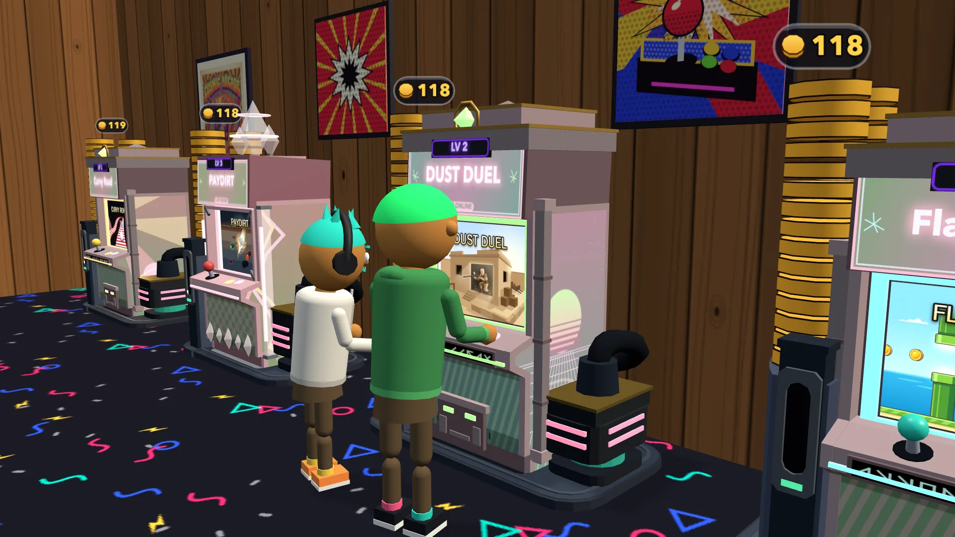 Two avatars standing shoulder to shoulder at an arcade cabinet, playing together